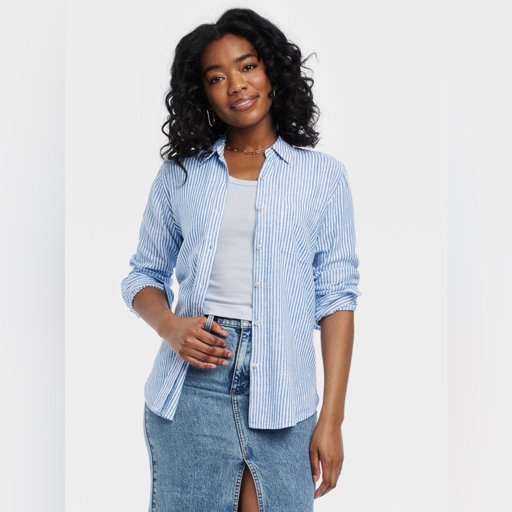 Blue & White Vertical Striped Button Up Long Sleeve Top Sz.XS